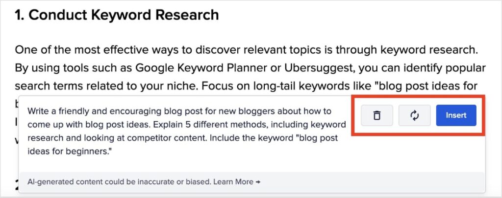 Options to delete, regenerate, or insert the AI generated text.