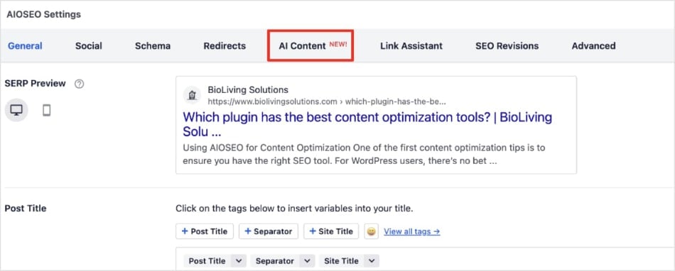 AI Content Generator in All in One SEO settings.