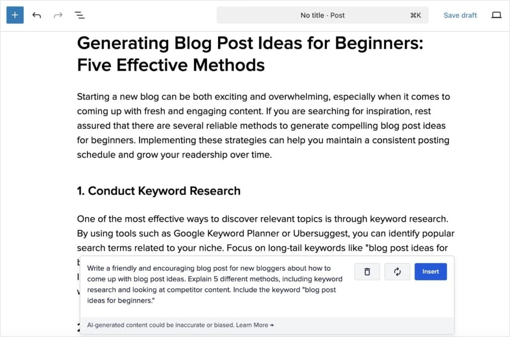 AI-Generated Blog Post AI-generated blog post in the WordPress editor.