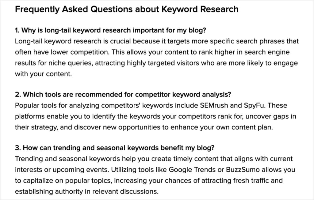 An example of AI-generated FAQs in WordPress.