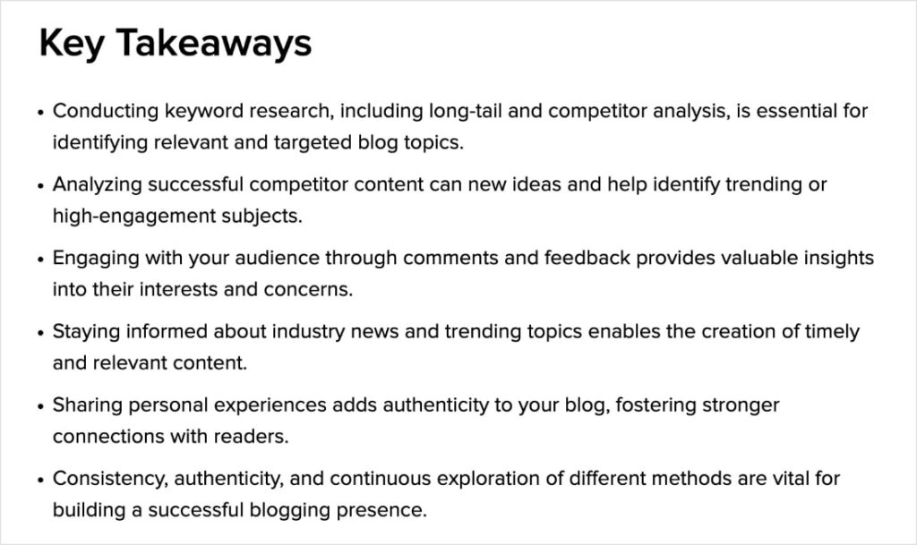 A list of key takeaways generated by AI.