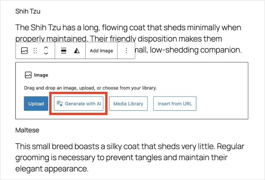 Generate Image With AI Button to Generate with AI in the image block.
