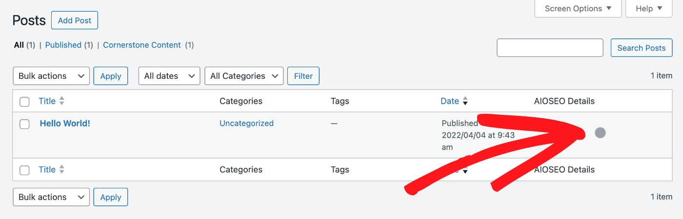 AIOSEO Details column on the Posts screen showing a pulsing circle