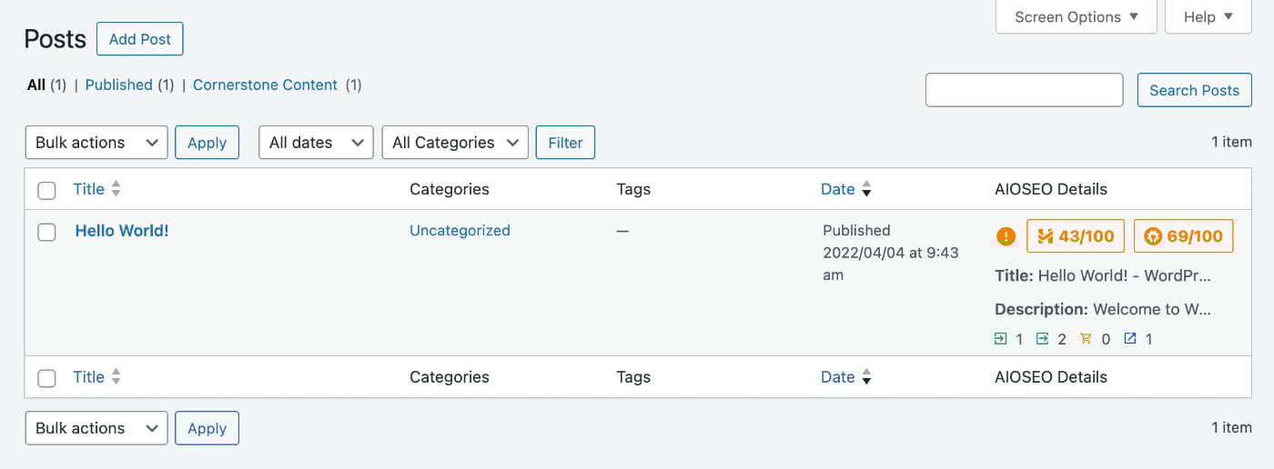 AIOSEO Details column shown on the Posts screen
