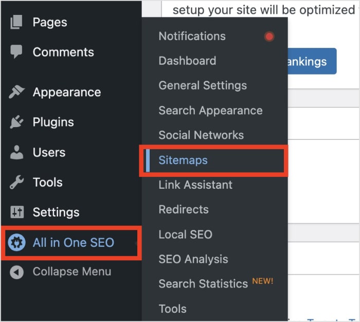 Sitemaps in the All in One SEO menu.