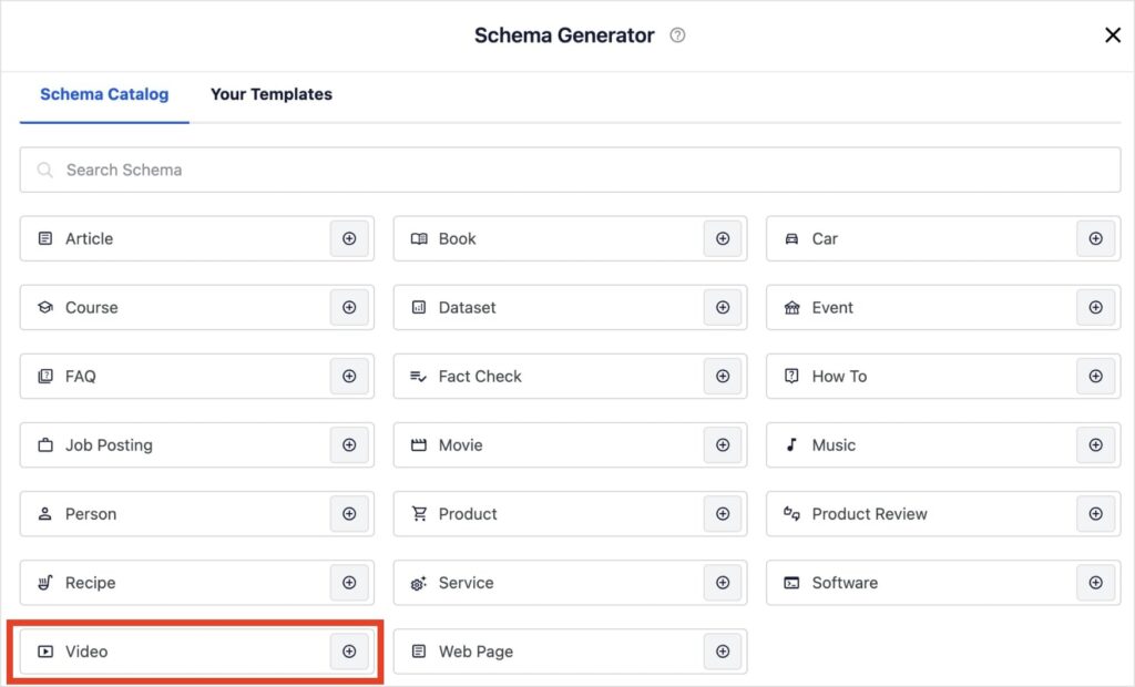 Video schema markup in the AIOSEO schema catalog.