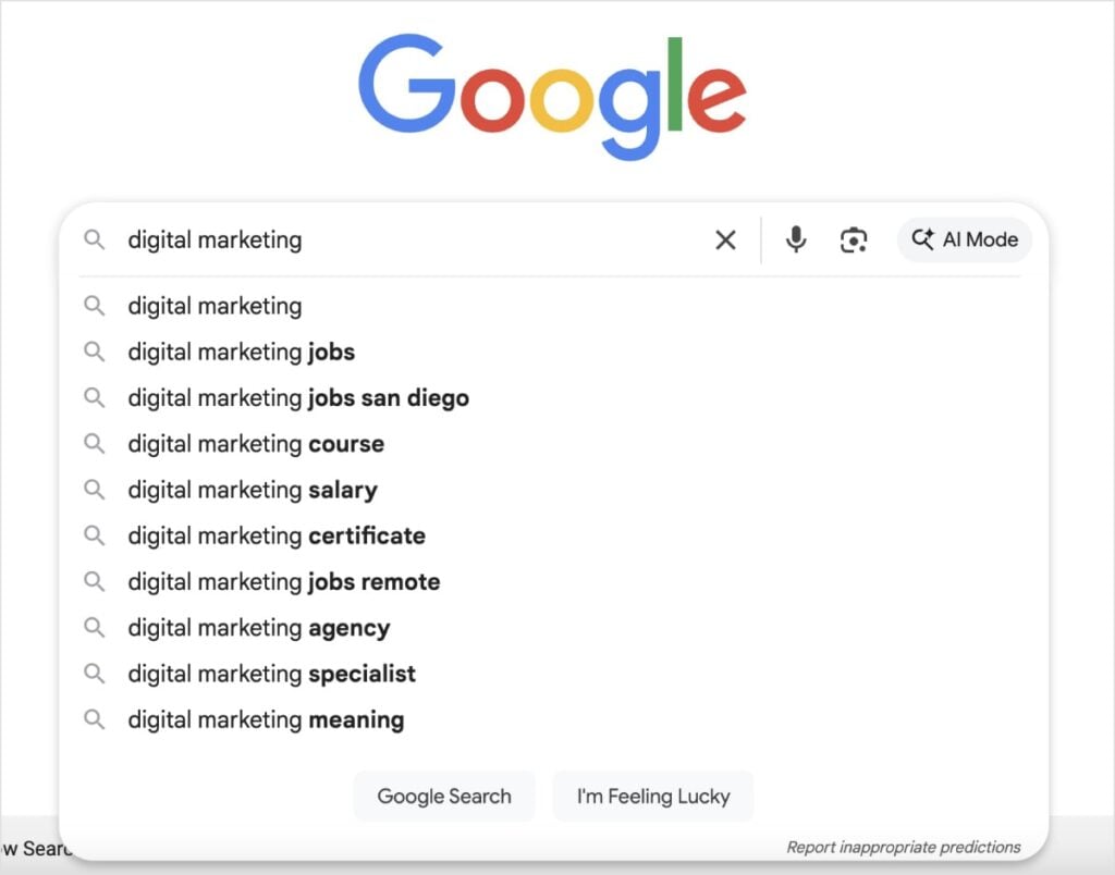 Google Autocomplete suggestions for the query digital marketing.