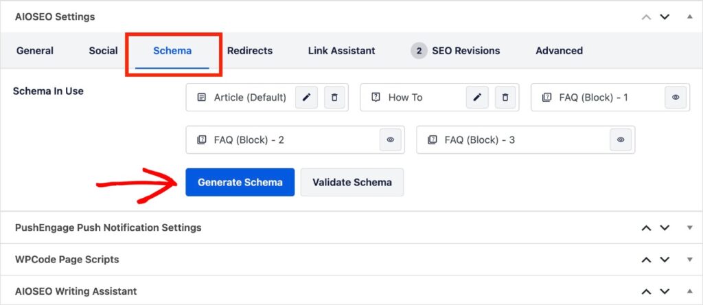 Schema markup in the AIOSEO settings.