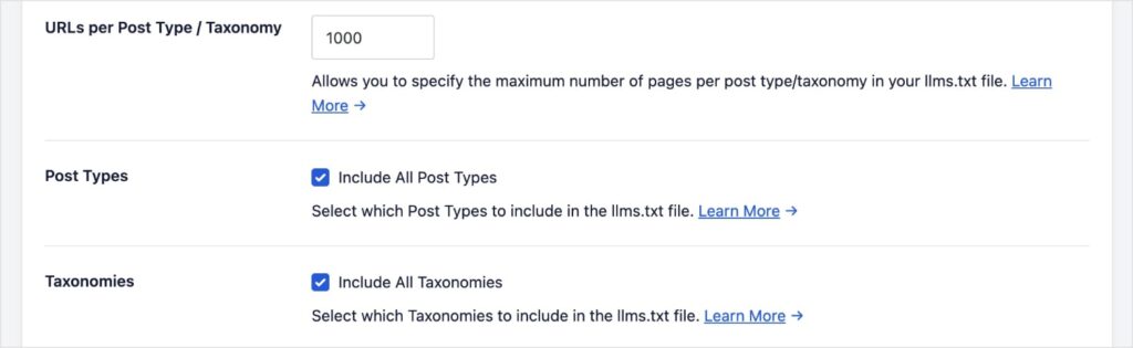 LLMs-full.txt settings for post types and taxonomies.