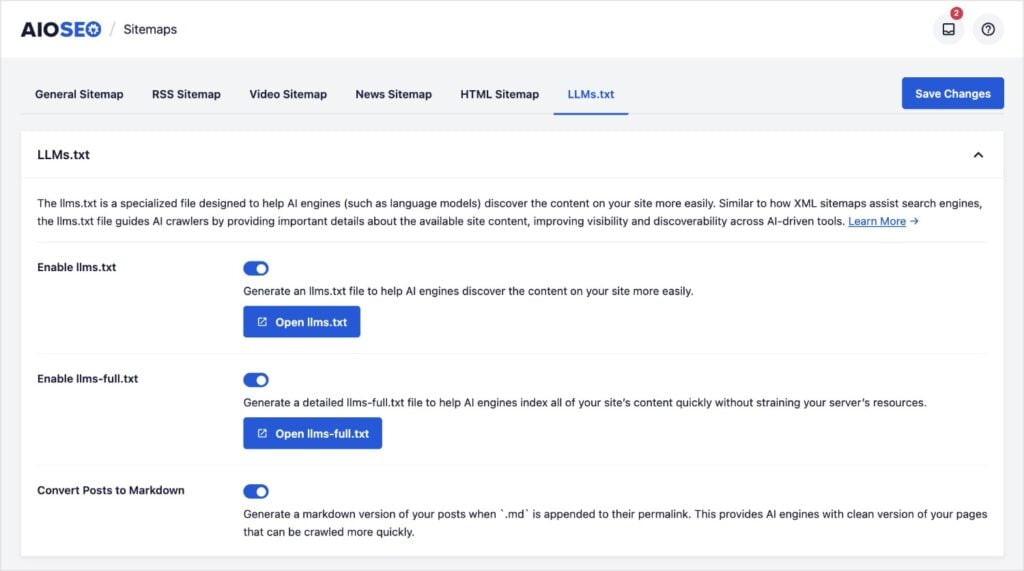 LLMs.txt Settings LLMs.txt Generator has toggle switches for customization settings.