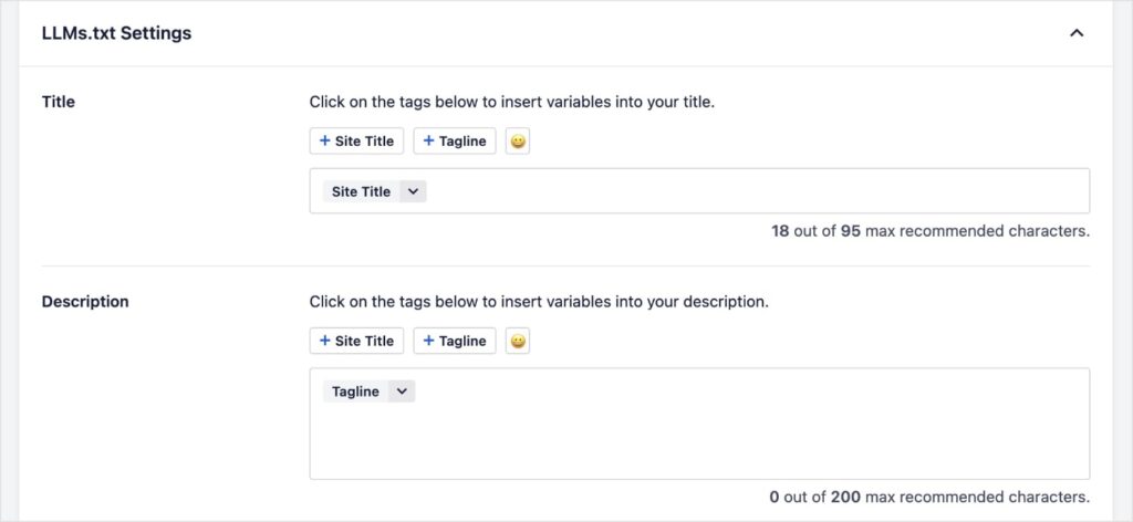 LLMs.txt settings for title and description.