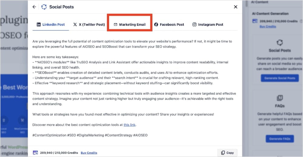 Marketing email tab in the AI Content Generator.