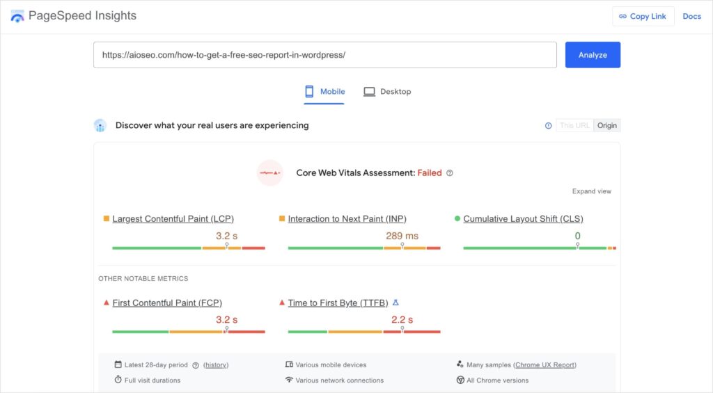 PageSpeed Insights performance report for mobile.