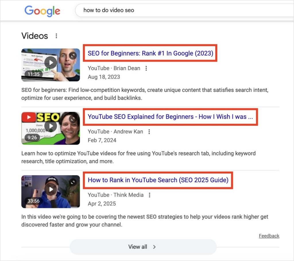 Video SEO titles in Google search results.