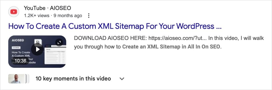 Video snippet in Google search results.