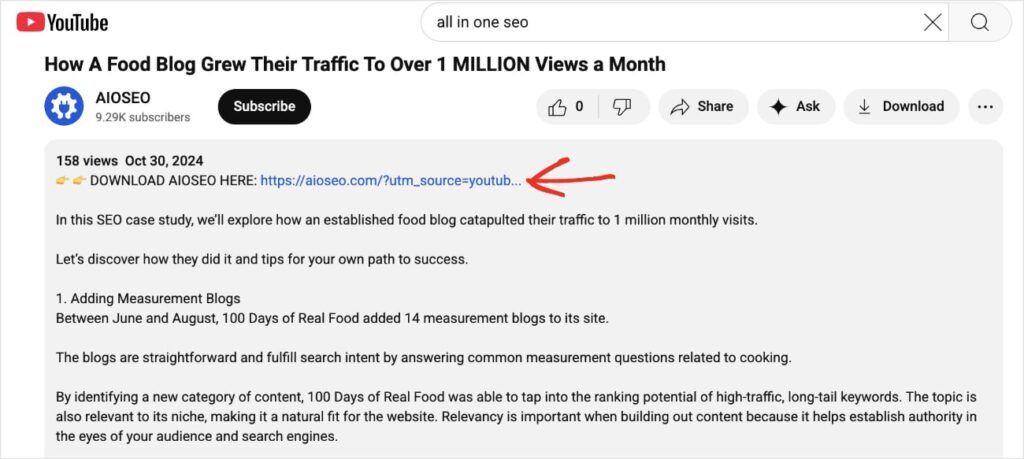 YouTube video description with a CTA.