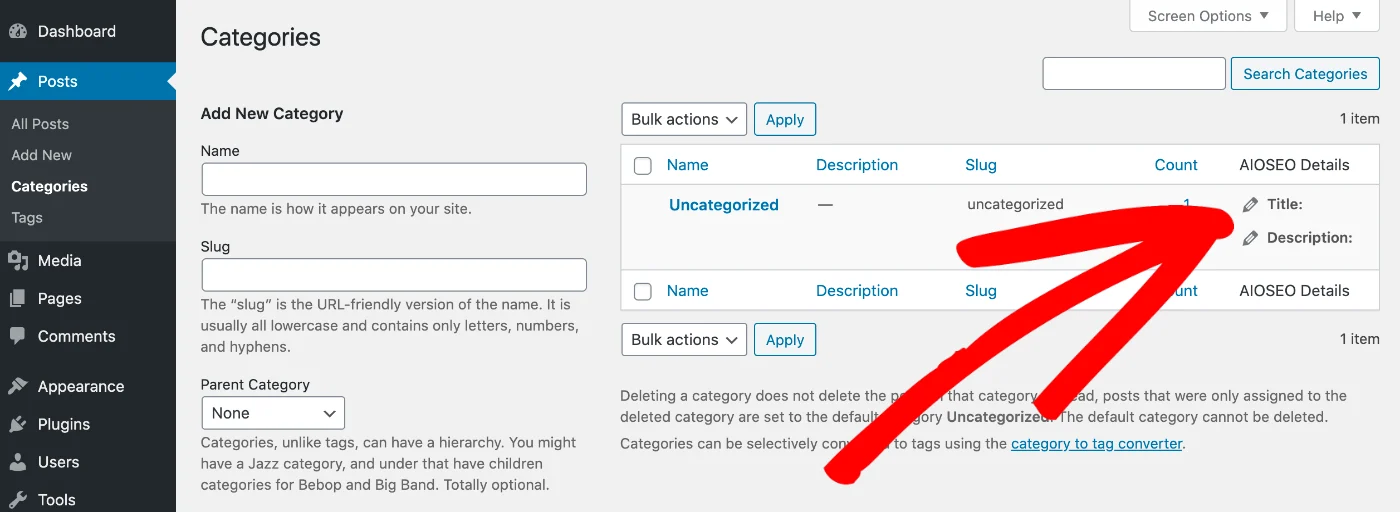 creating categories in AIOSEO's dashboard A snapshot of creating categories in AIOSEO's dashboard