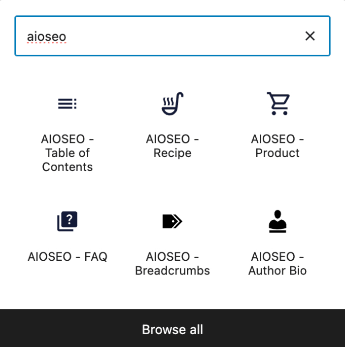 AIOSEO - Product block show in the Add Block search window