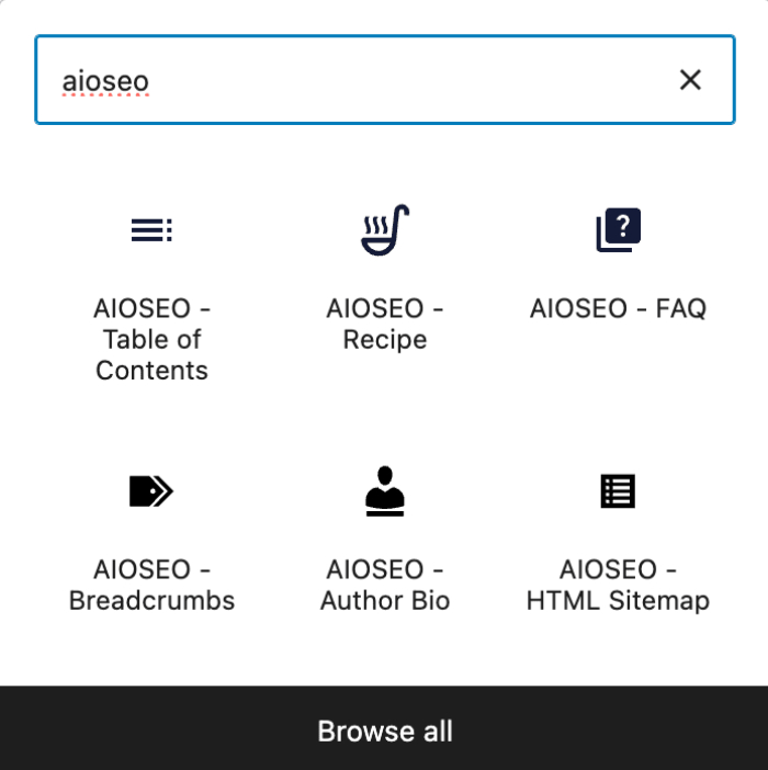 AIOSEO - Recipe block show in the Add Block search window