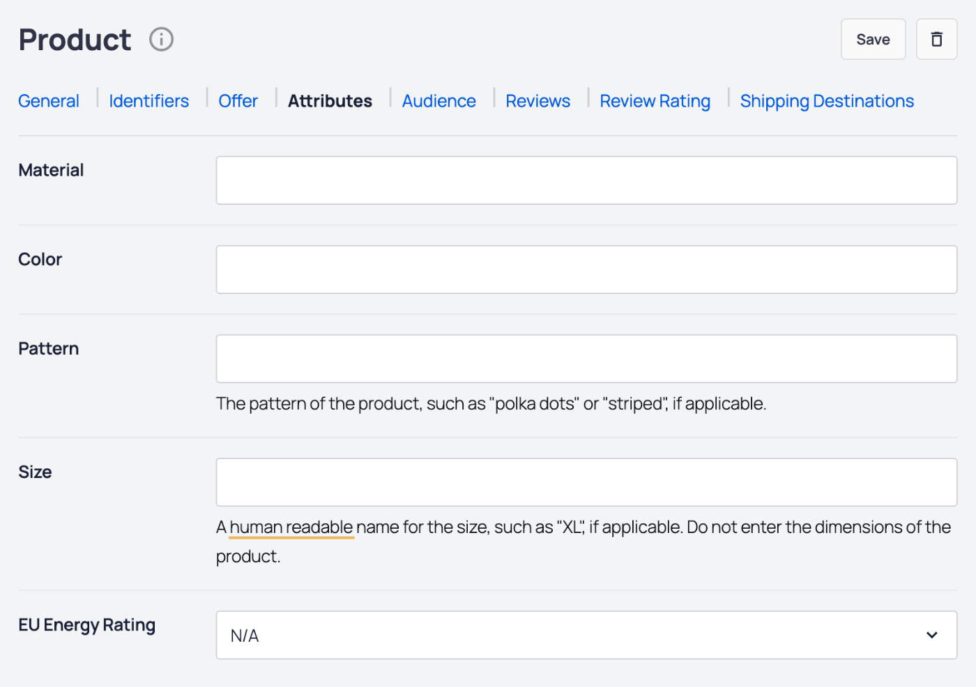 AIOSEO - Product block showing the fields to complete on the Attributes tab