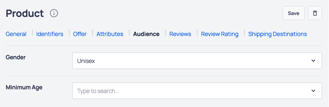 AIOSEO - Product block showing the fields to complete on the Audience tab