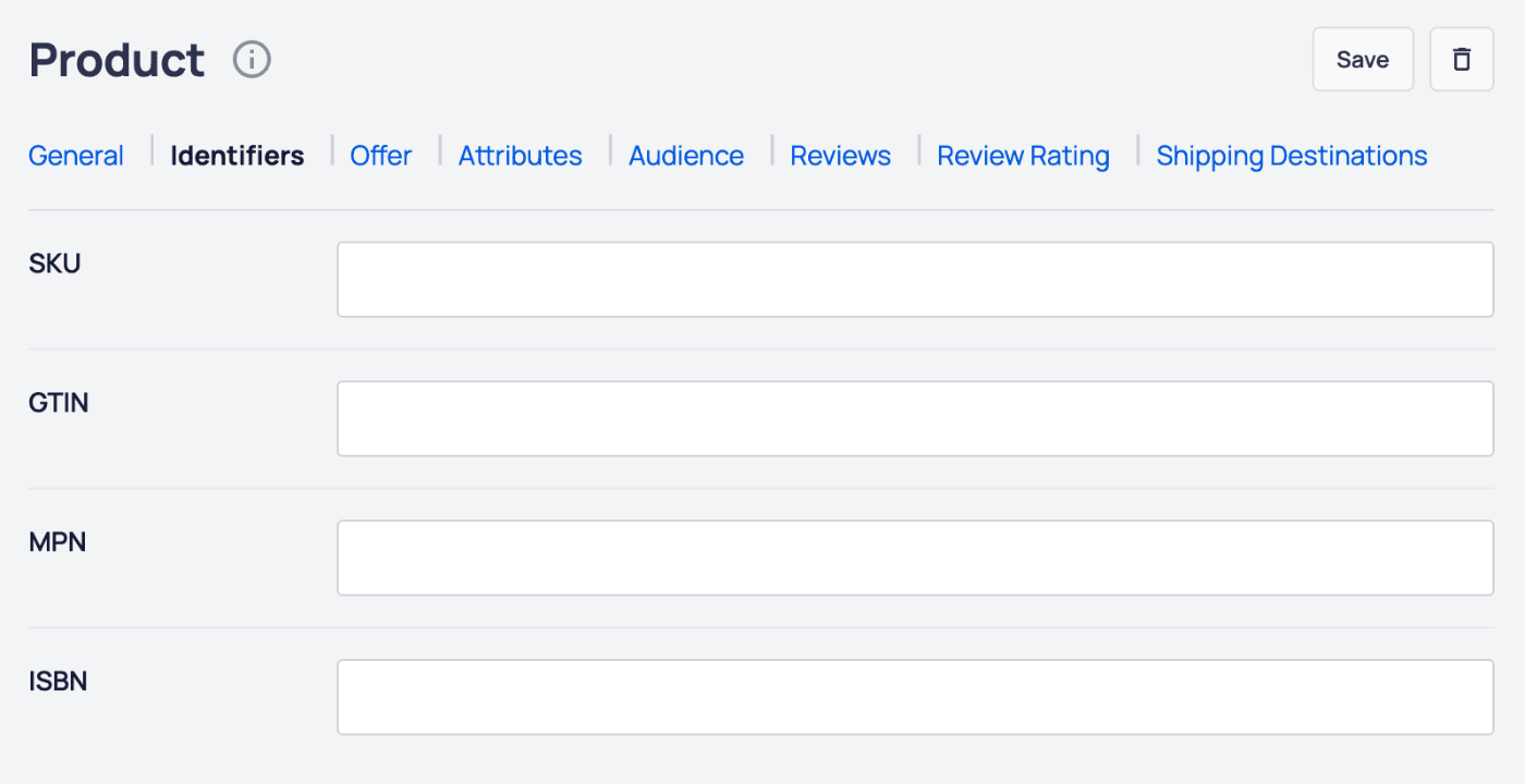 AIOSEO - Product block showing the fields to complete on the Identifiers tab
