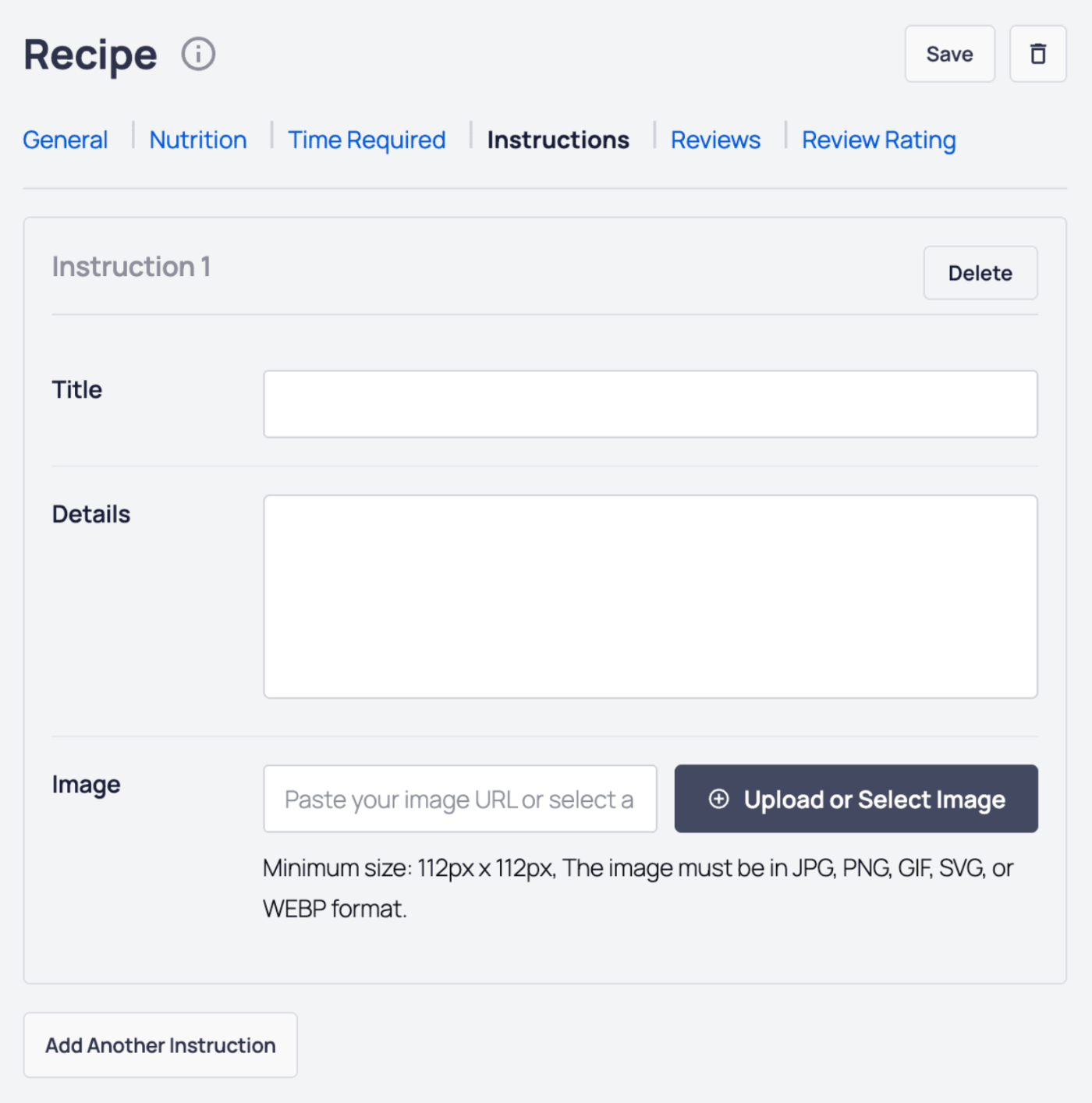 AIOSEO - Recipe block showing the fields to complete on the Instructions tab