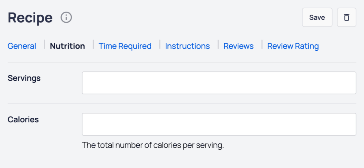 AIOSEO - Recipe block showing the fields to complete on the Nutrition tab