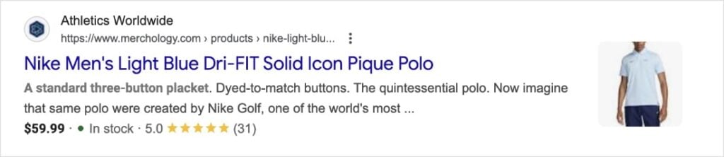 Product snippet in Google search results shows stock availability, price, and customer ratings.