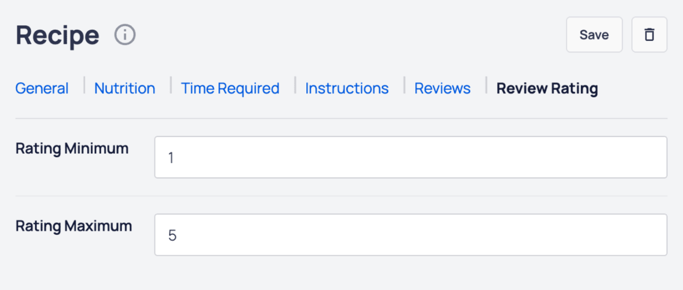 AIOSEO - Recipe block showing the fields to complete on the Review Rating tab