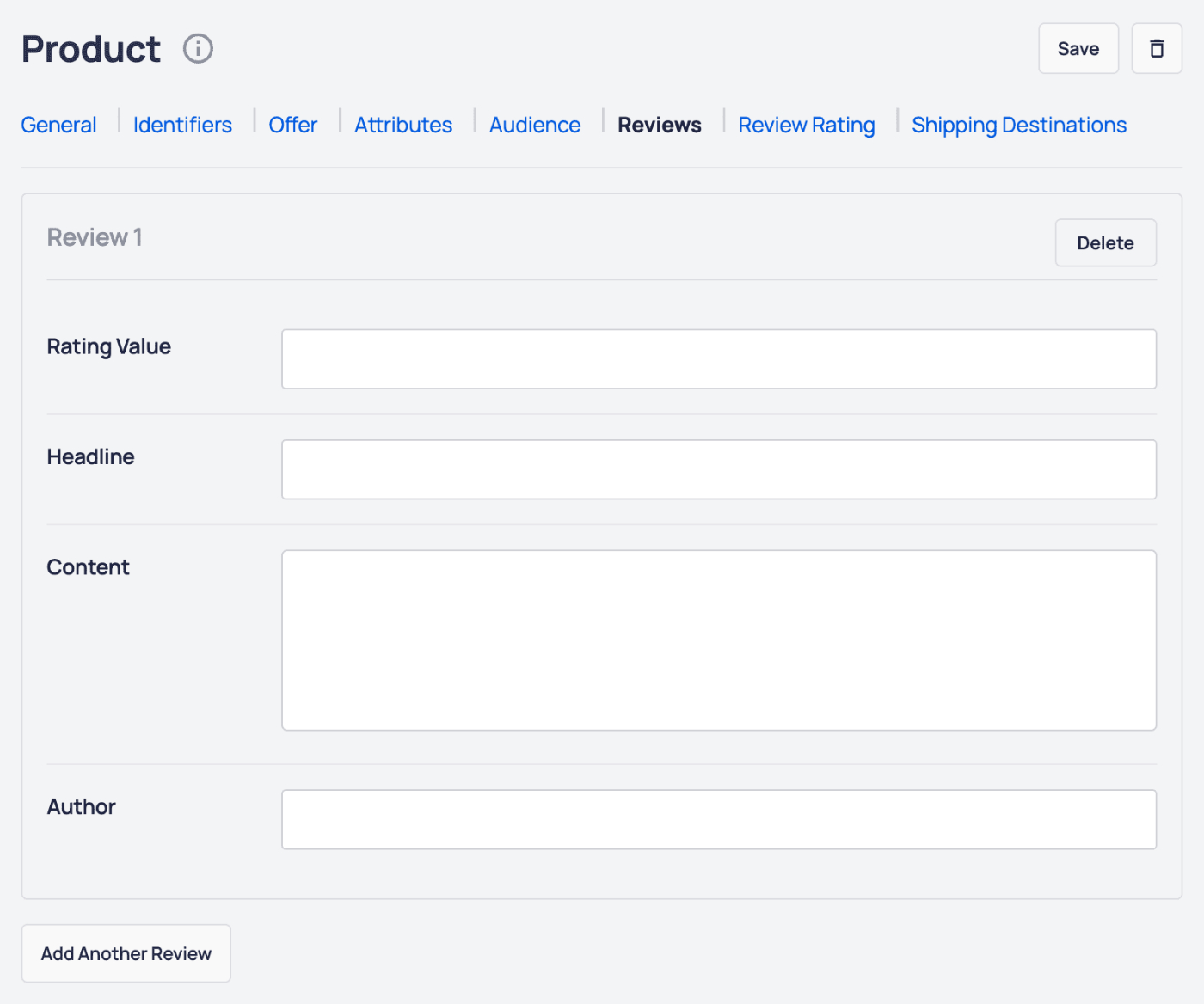 AIOSEO - Product block showing the fields to complete on the Reviews tab