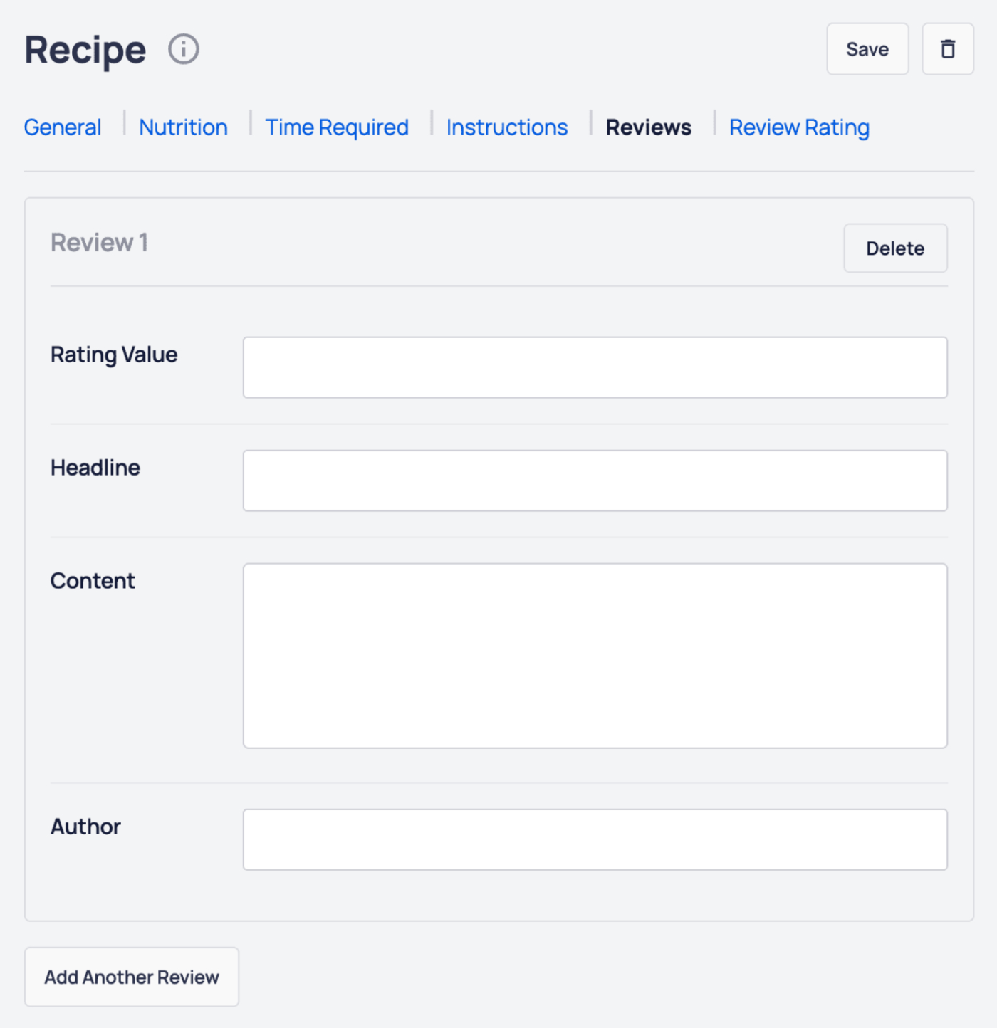 AIOSEO - Recipe block showing the fields to complete on the Reviews tab