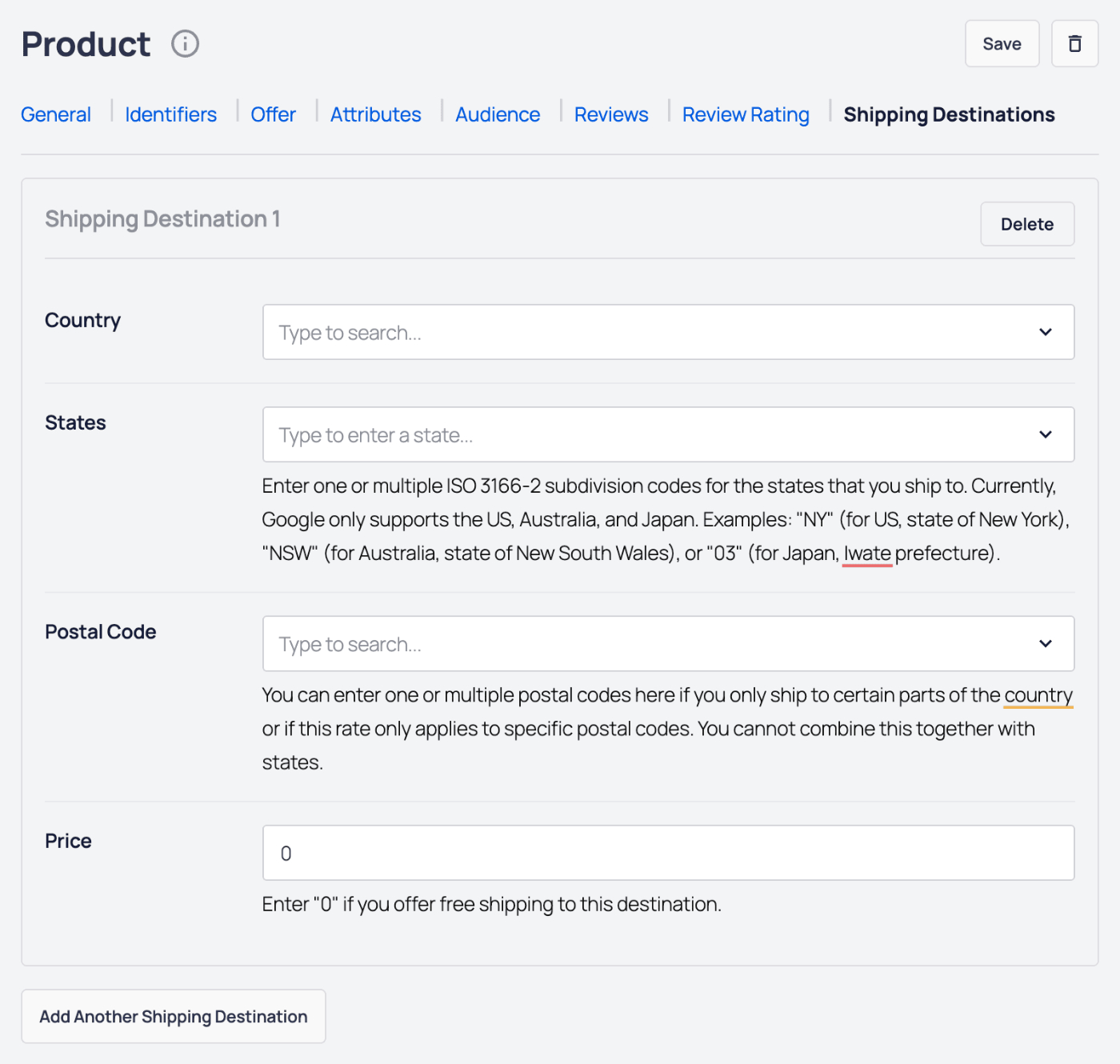 AIOSEO - Product block showing the fields to complete on the Shipping Destinations tab