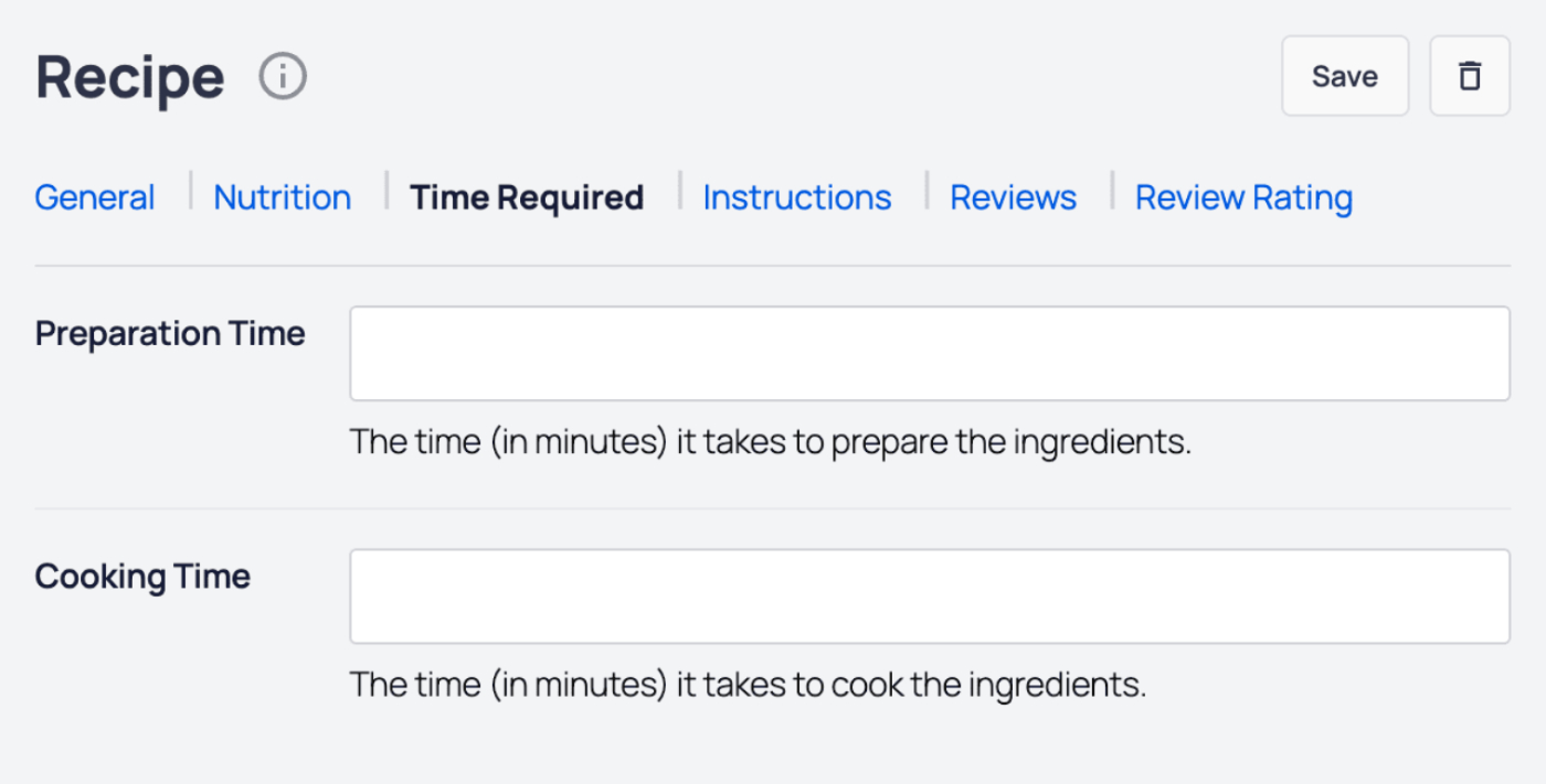 AIOSEO - Recipe block showing the fields to complete on the Time Required tab