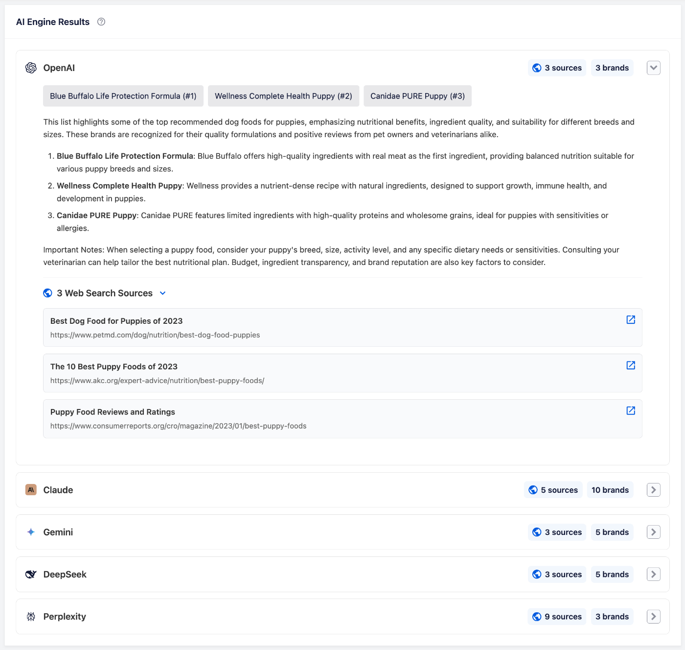 Expanded OpenAI results showing brand mentions, detailed response, and web sources
