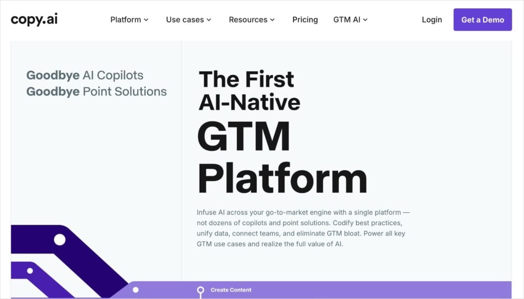 Copy.ai Copy.ai homepage, an AI platform.