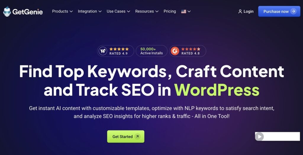 GetGenie GetGenie homepage, a WordPress SEO tool.