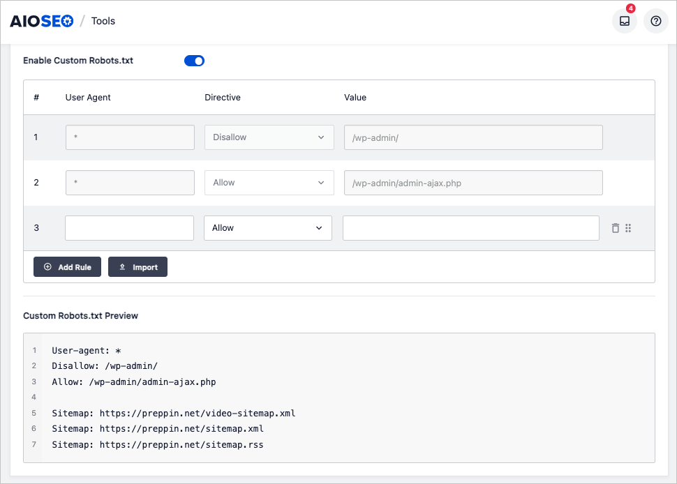 Editor Robots.txt AIOSEO Editor robots.txt do AIOSEO no WordPress.