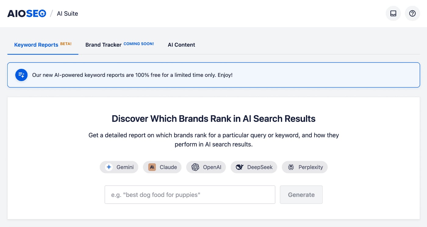 Keyword Reports tab showing the Discover Which Brands Rank in AI Search Results section