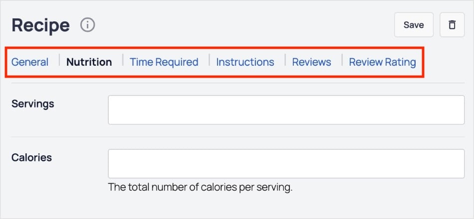 Different tabs to get recipe rich snippets in Google.