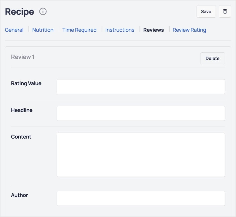 Reviews tab in the recipe schema block.