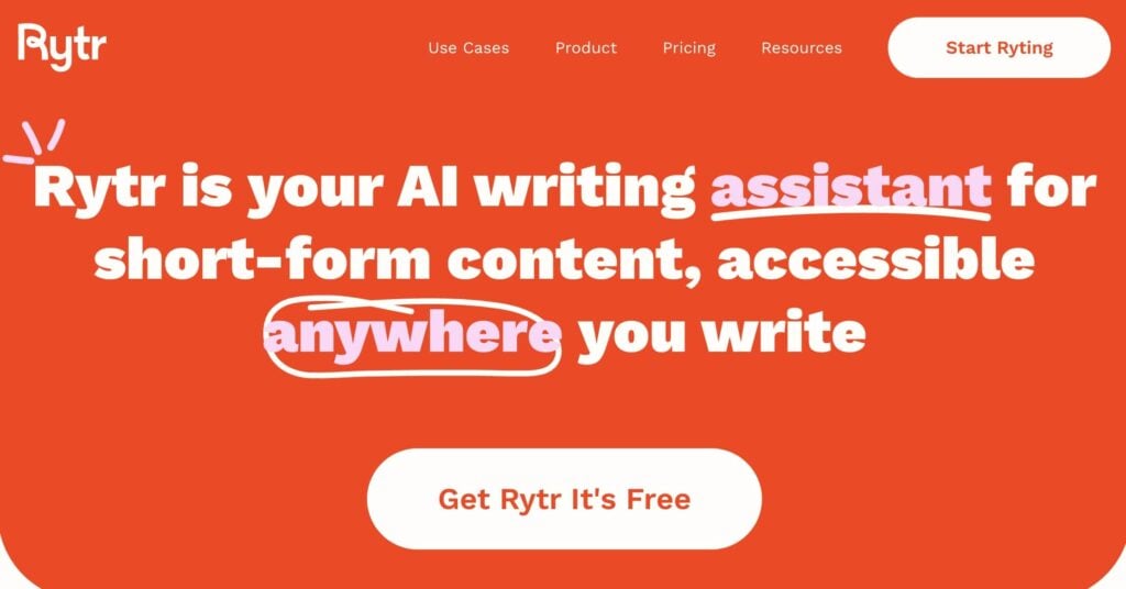 Rytr Rytr homepage, an AI writing assistant.