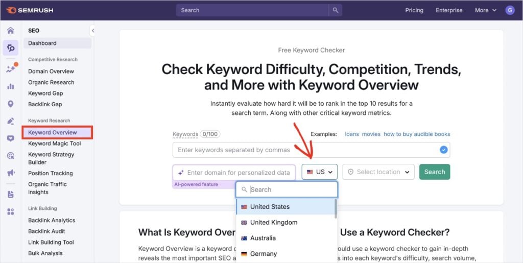 Pesquisa Internacional de Palavras-chave Semrush Pesquisa internacional de palavras-chave de SEO na ferramenta Visão Geral de Palavras-chave do Semrush.
