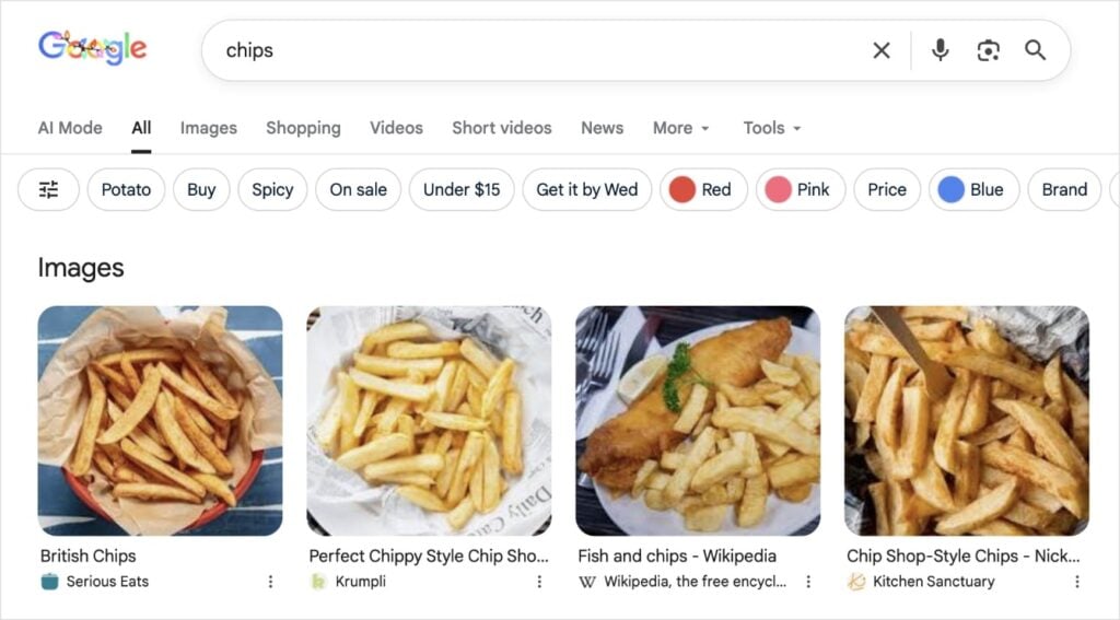Resultados de Pesquisa do Google no Reino Unido Resultados de pesquisa do Google no Reino Unido mostram imagens de "french fries" ao pesquisar a palavra "chips".