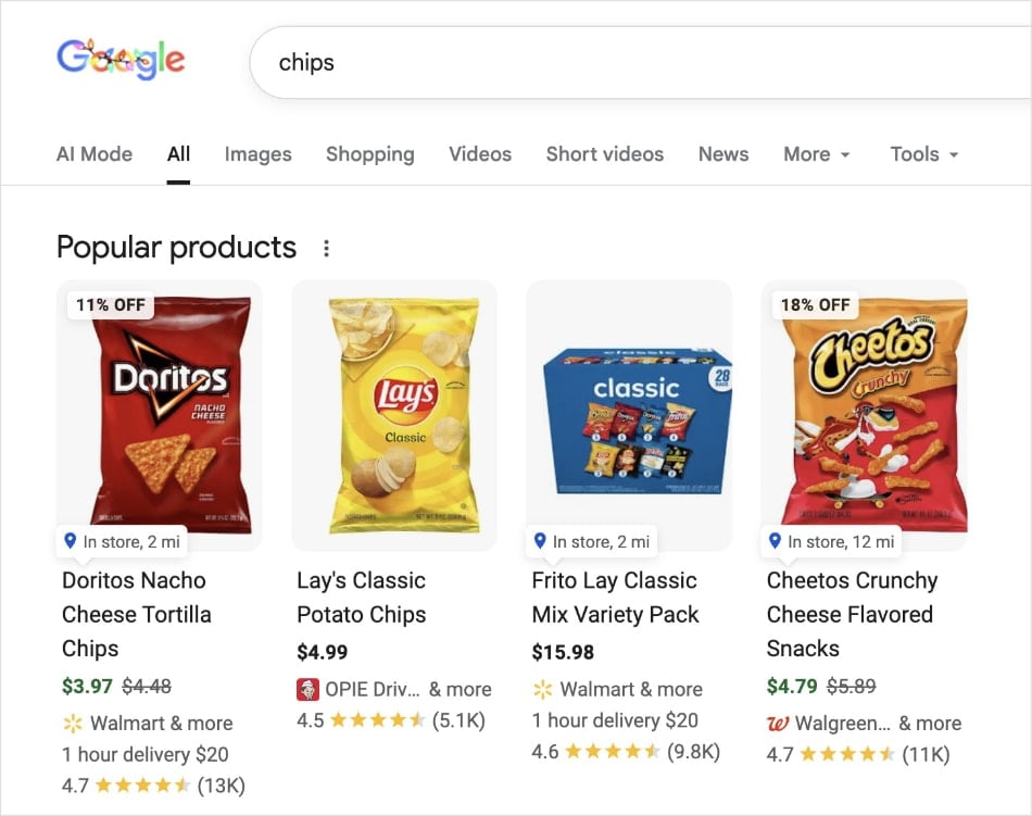 Resultados de Pesquisa do Google nos EUA Resultados de pesquisa do Google nos EUA mostram "potato chips" ao pesquisar por "chips".