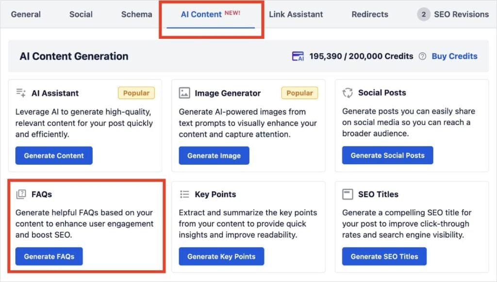 Generate FAQs using the AI Content Generator in WordPress.