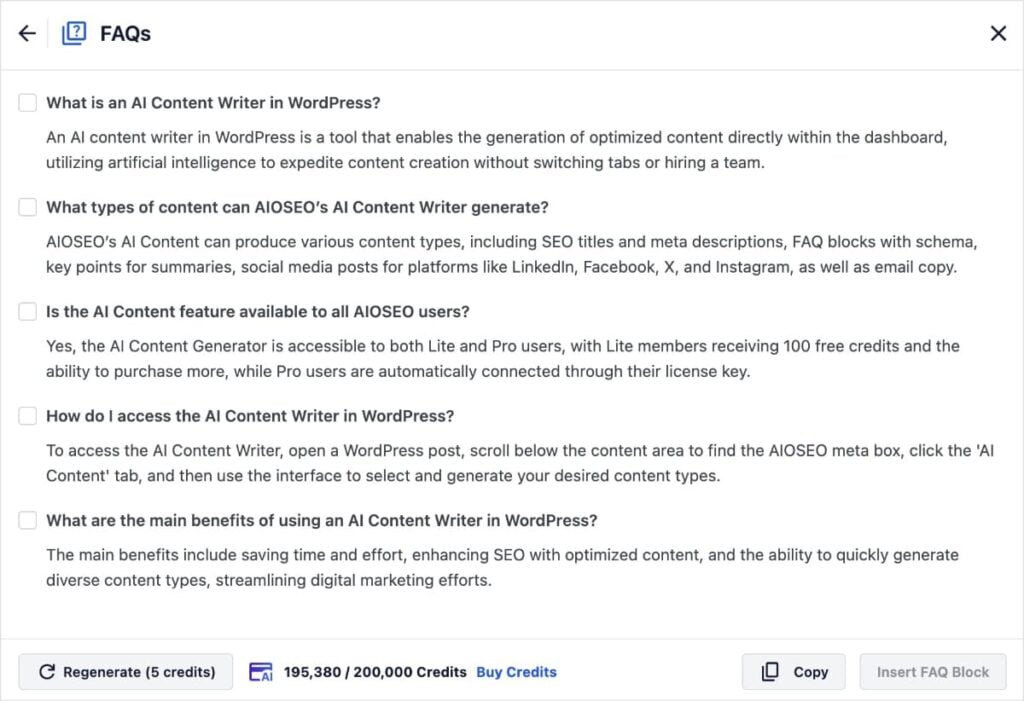 List of 5 AI-generated FAQs that you can add to your post or page.