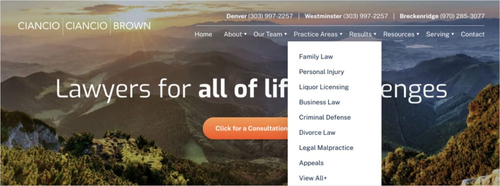 A lawyer's website shows keywords in the navigation menu.