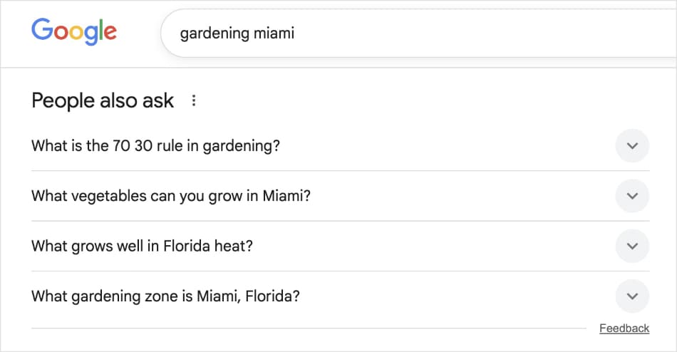 People Also Ask questions in Google about gardening in Miami.