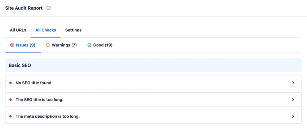 AIOSEO Site Audit Report shows a list of issues.